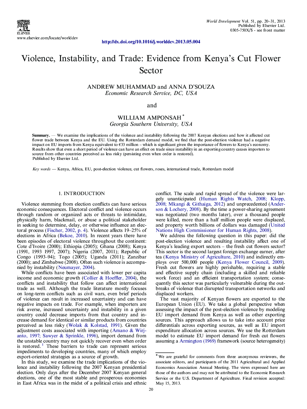Violence, Instability, and Trade: Evidence from Kenya's Cut Flower Sector