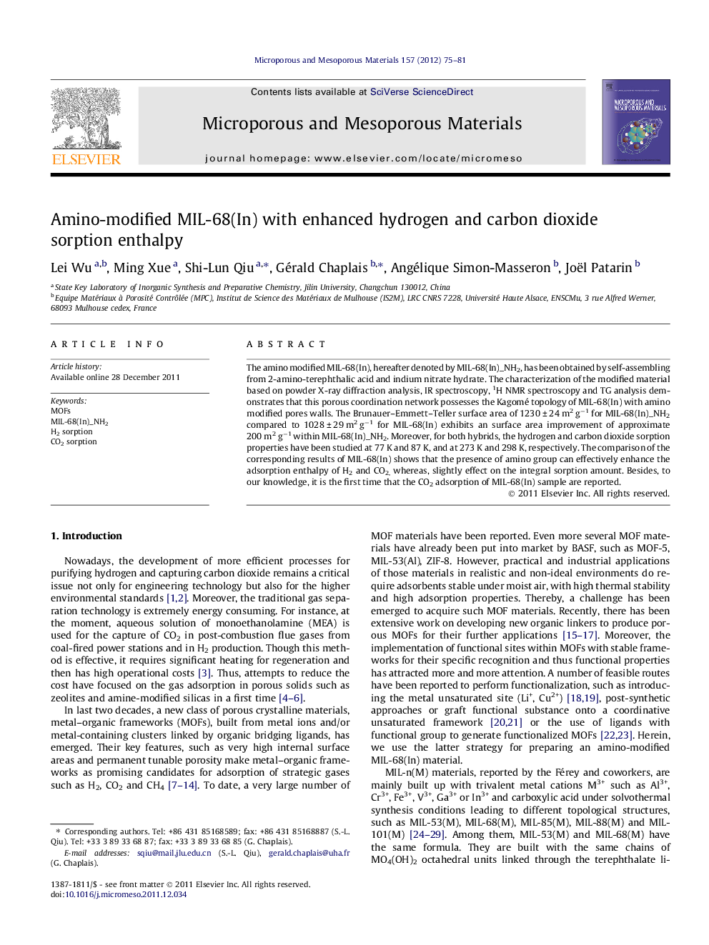 Amino-modified MIL-68(In) with enhanced hydrogen and carbon dioxide sorption enthalpy