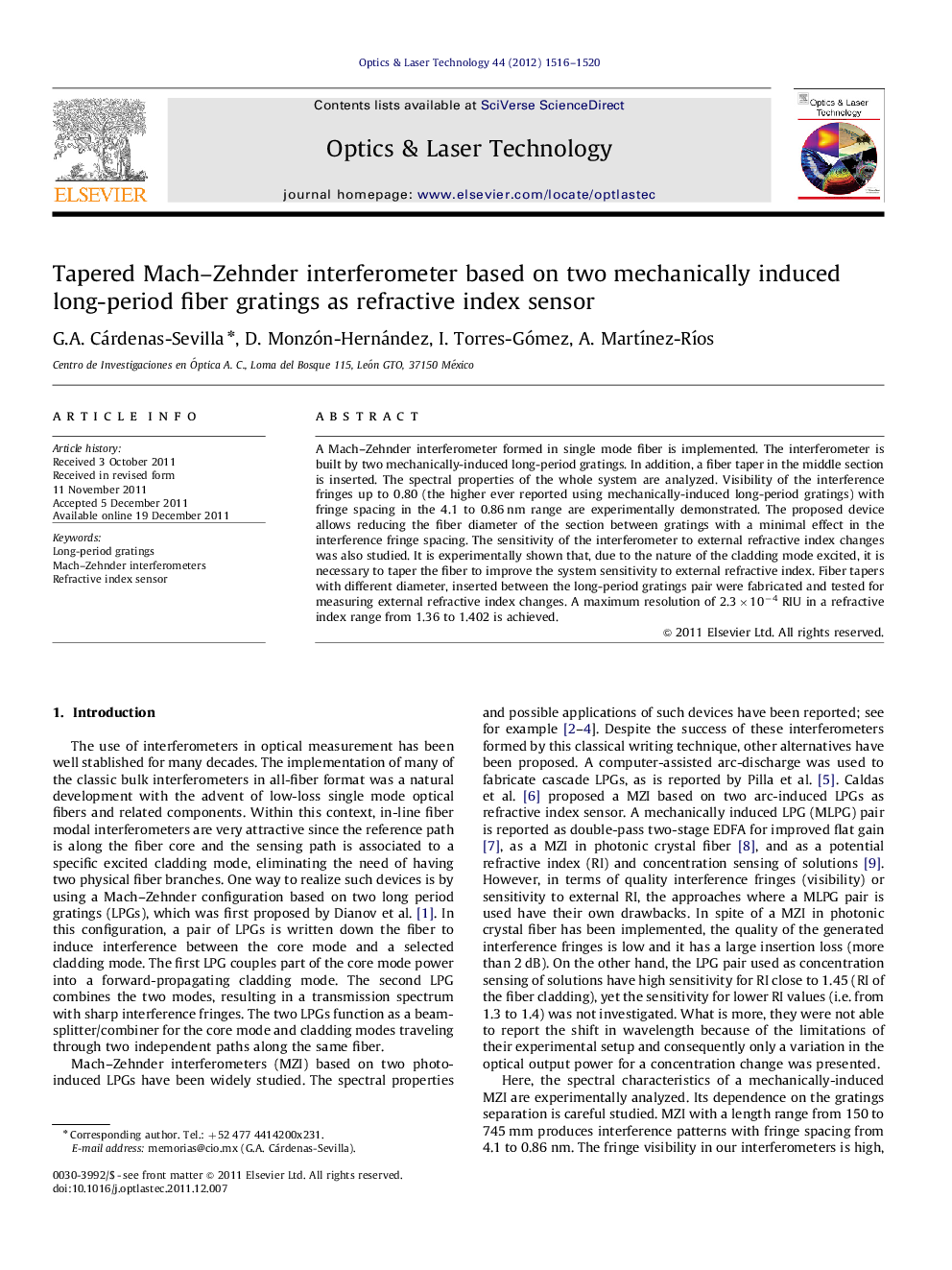 Tapered Mach–Zehnder interferometer based on two mechanically induced long-period fiber gratings as refractive index sensor