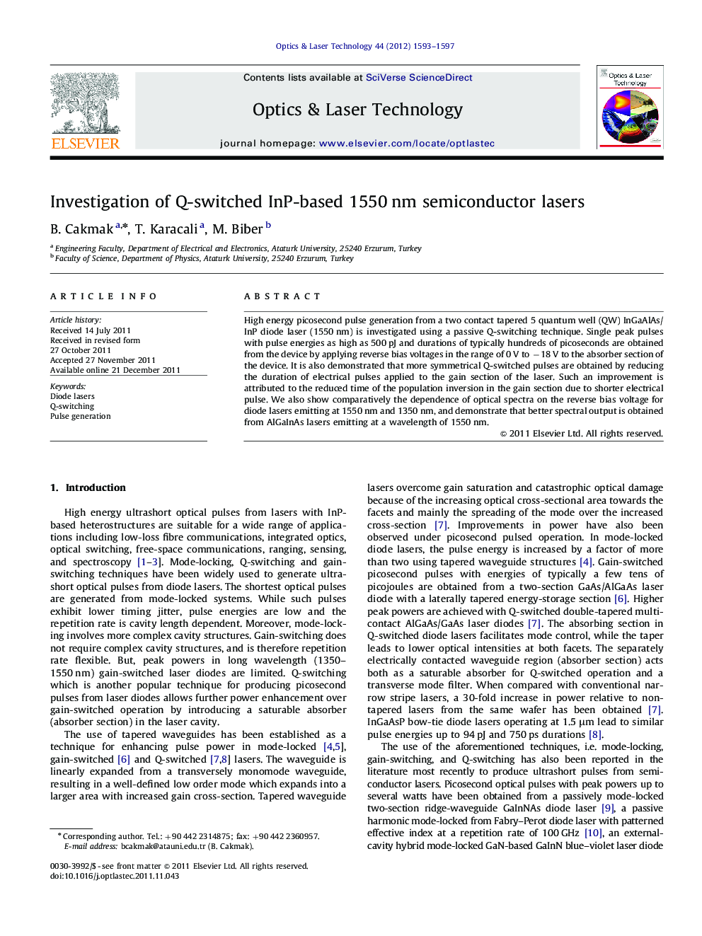 Investigation of Q-switched InP-based 1550 nm semiconductor lasers