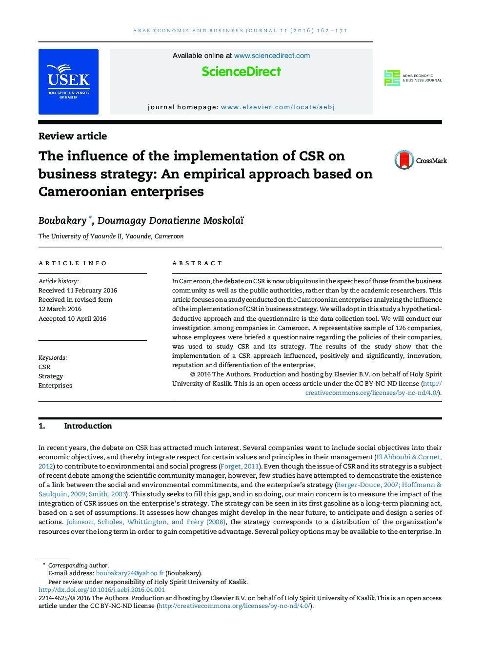 The influence of the implementation of CSR on business strategy: An empirical approach based on Cameroonian enterprises