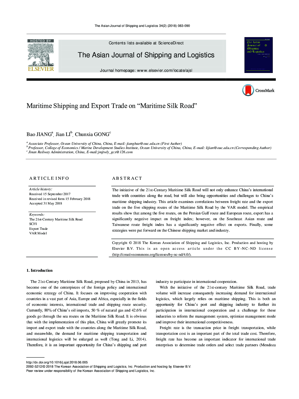 Maritime Shipping and Export Trade on “Maritime Silk Road”