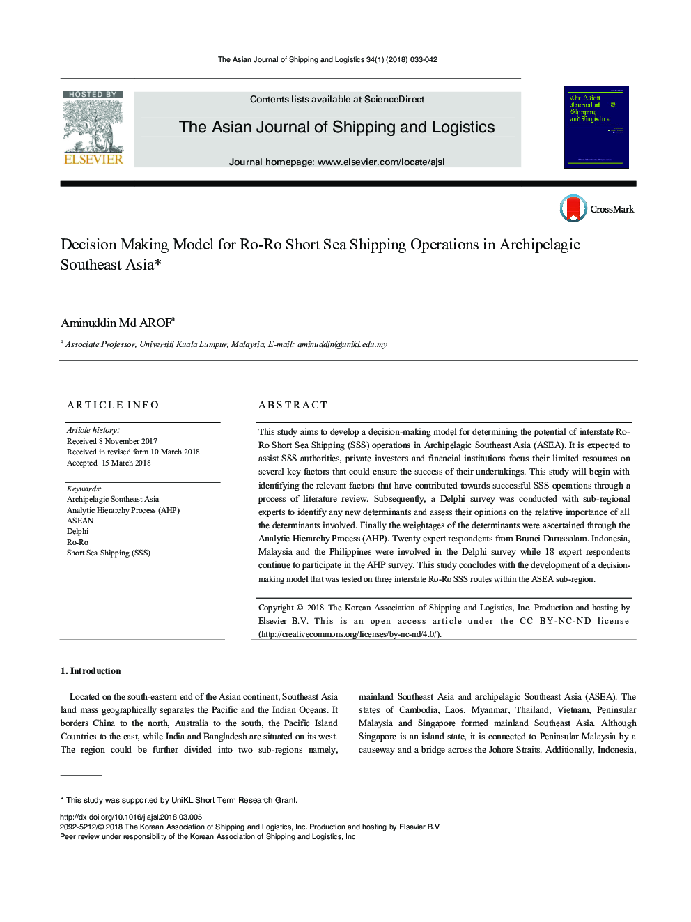 Decision Making Model for Ro-Ro Short Sea Shipping Operations in Archipelagic Southeast Asia