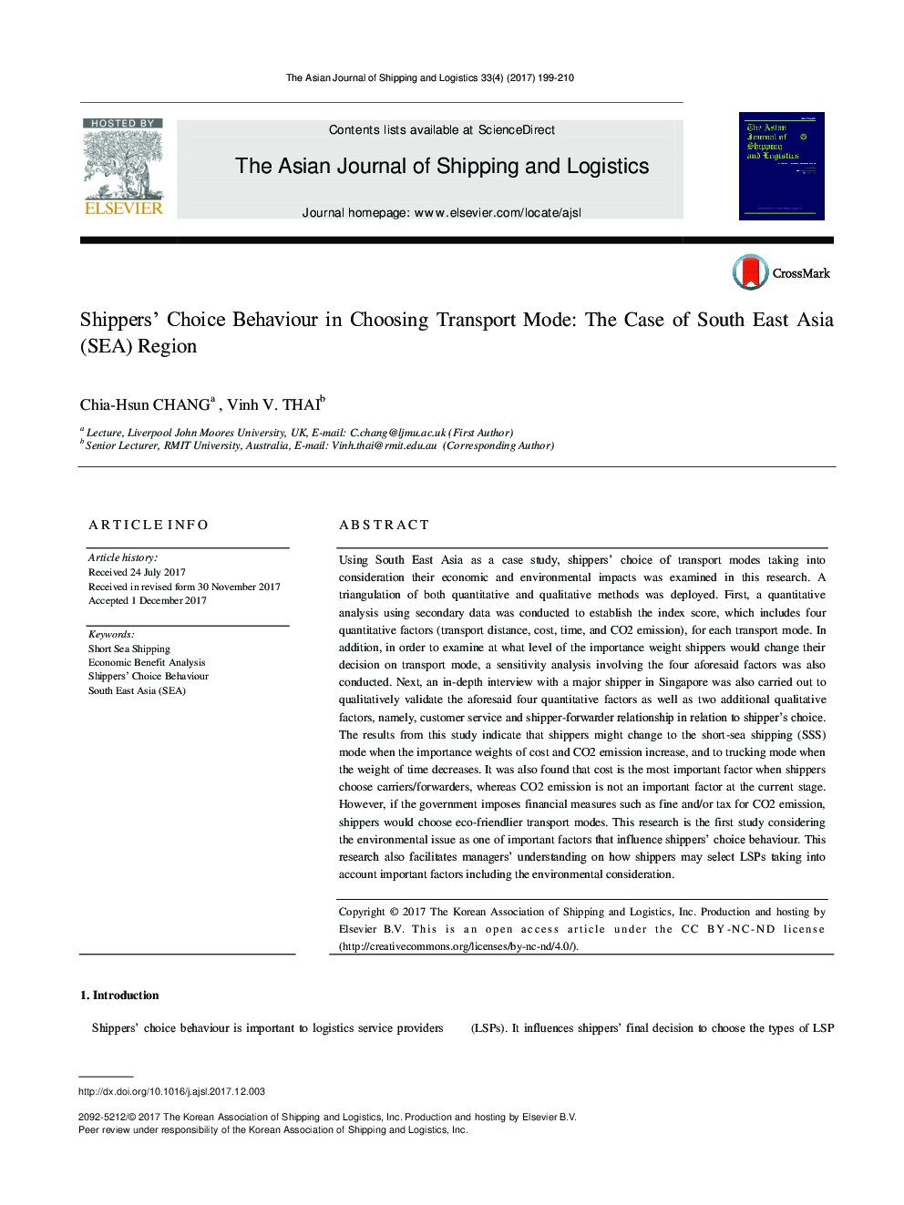 Shippers' Choice Behaviour in Choosing Transport Mode: The Case of South East Asia (SEA) Region