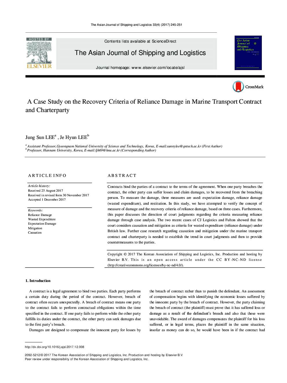 A Case Study on the Recovery Criteria of Reliance Damage in Marine Transport Contract and Charterparty