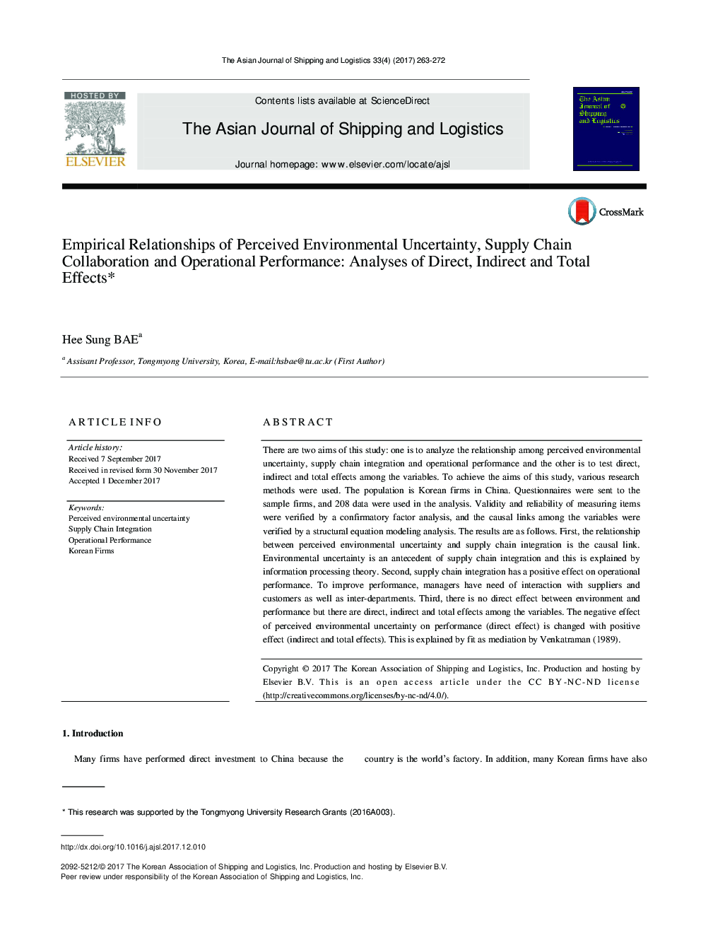 Empirical Relationships of Perceived Environmental Uncertainty, Supply Chain Collaboration and Operational Performance: Analyses of Direct, Indirect and Total Effects