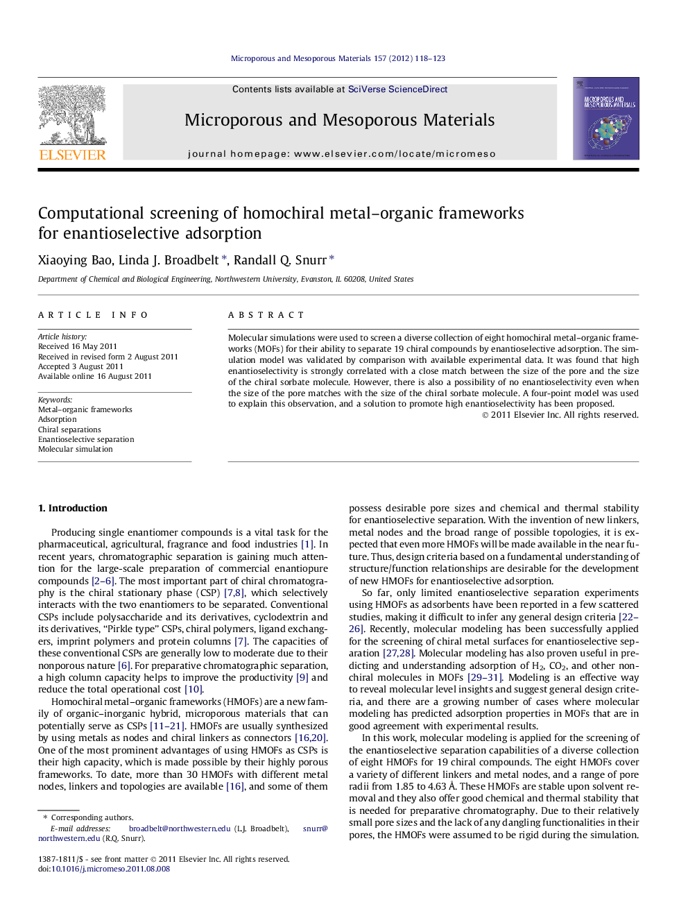 Computational screening of homochiral metal–organic frameworks for enantioselective adsorption