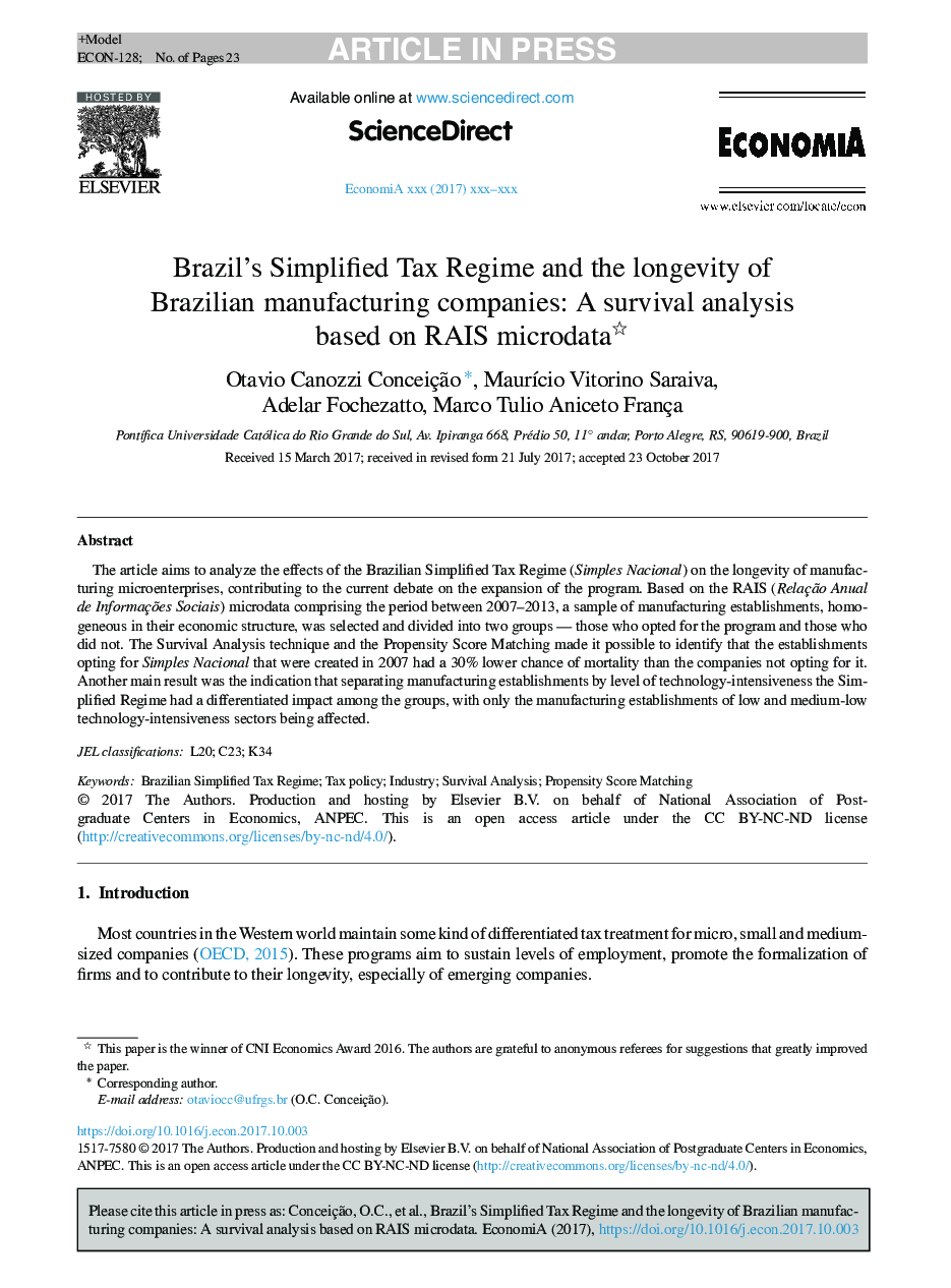 Brazil's Simplified Tax Regime and the longevity of Brazilian manufacturing companies: A survival analysis based on RAIS microdata