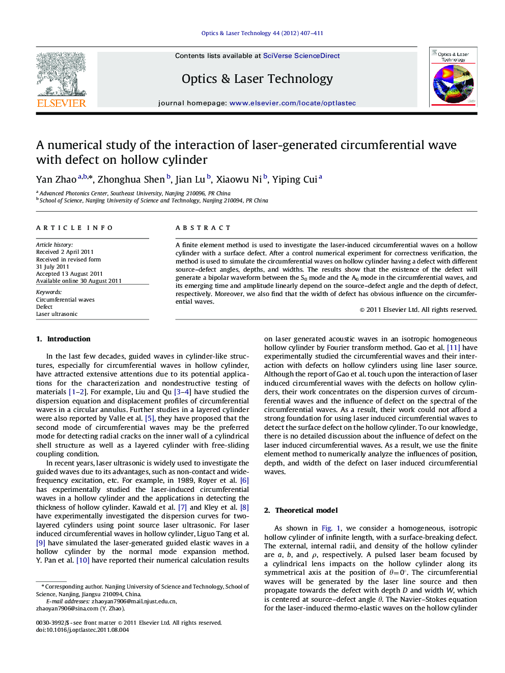 A numerical study of the interaction of laser-generated circumferential wave with defect on hollow cylinder