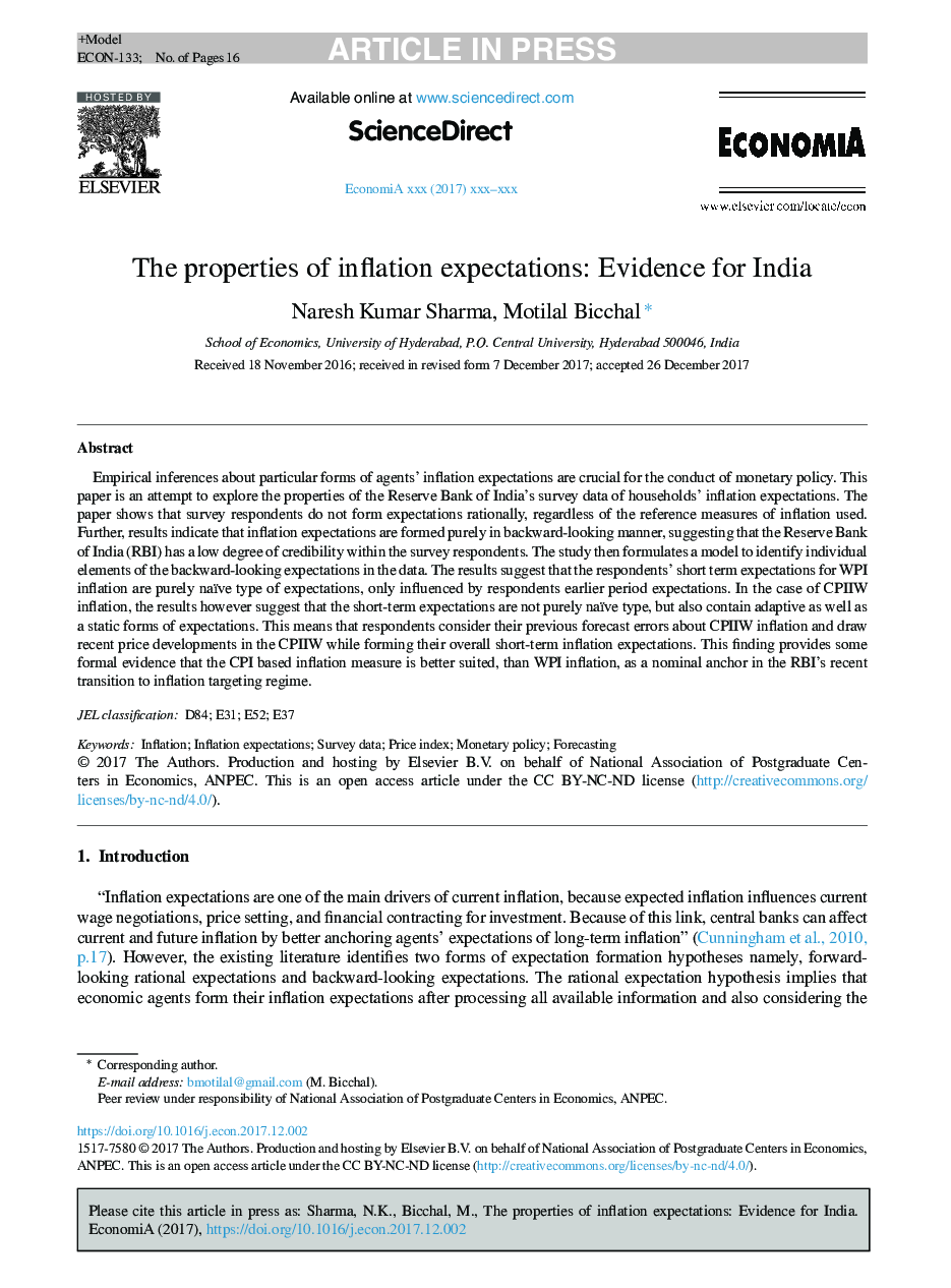 The properties of inflation expectations: Evidence for India