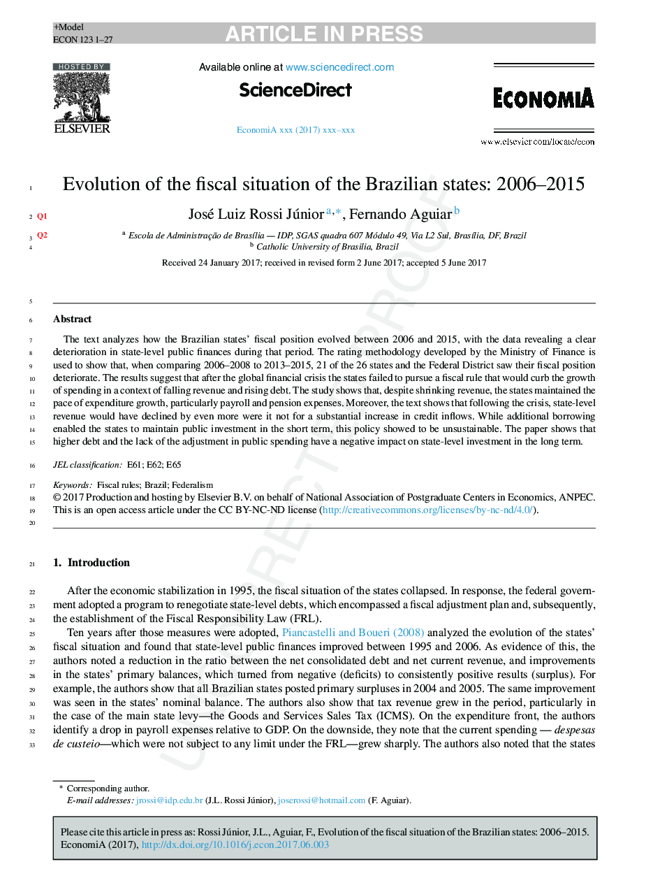 Understanding the evolution of the fiscal situation of the Brazilian states; 2006-2015