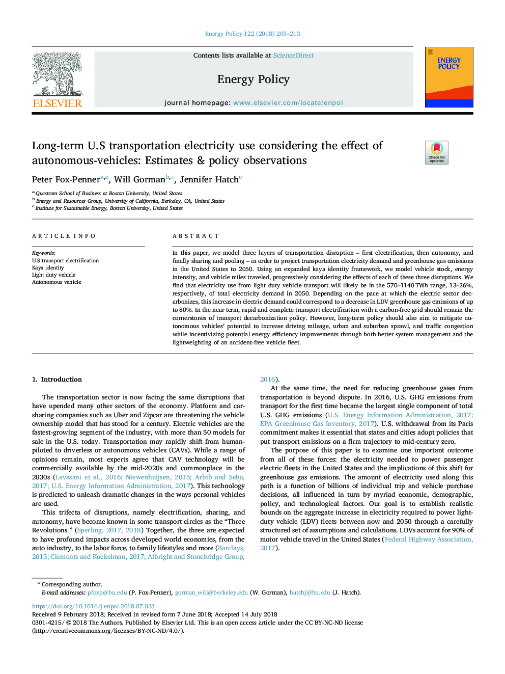 Long-term U.S transportation electricity use considering the effect of autonomous-vehicles: Estimates & policy observations