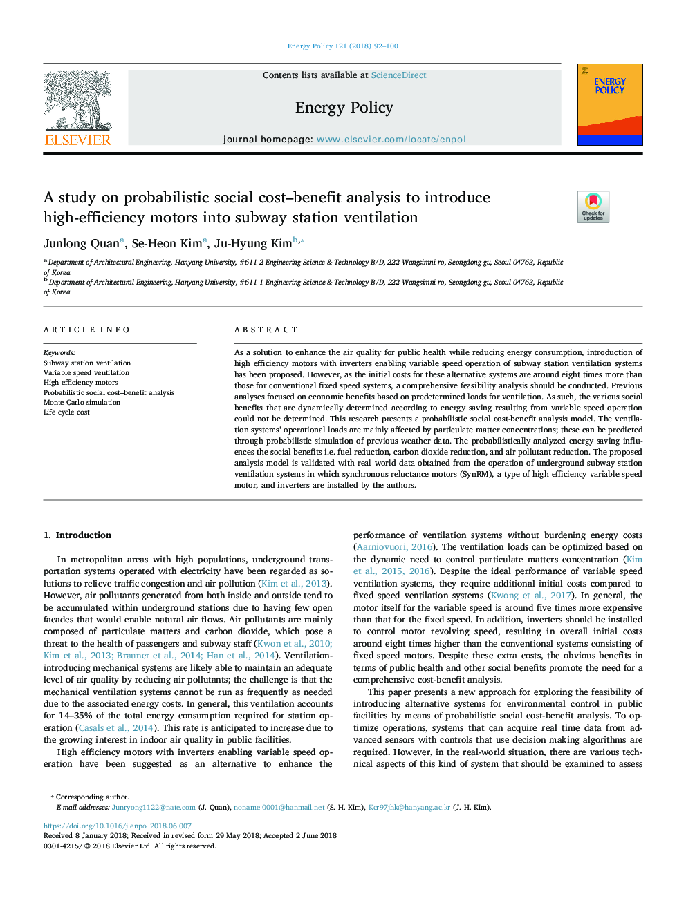 A study on probabilistic social cost-benefit analysis to introduce high-efficiency motors into subway station ventilation