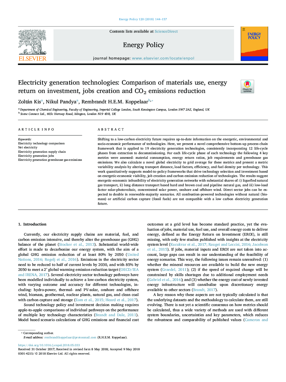 Electricity generation technologies: Comparison of materials use, energy return on investment, jobs creation and CO2 emissions reduction