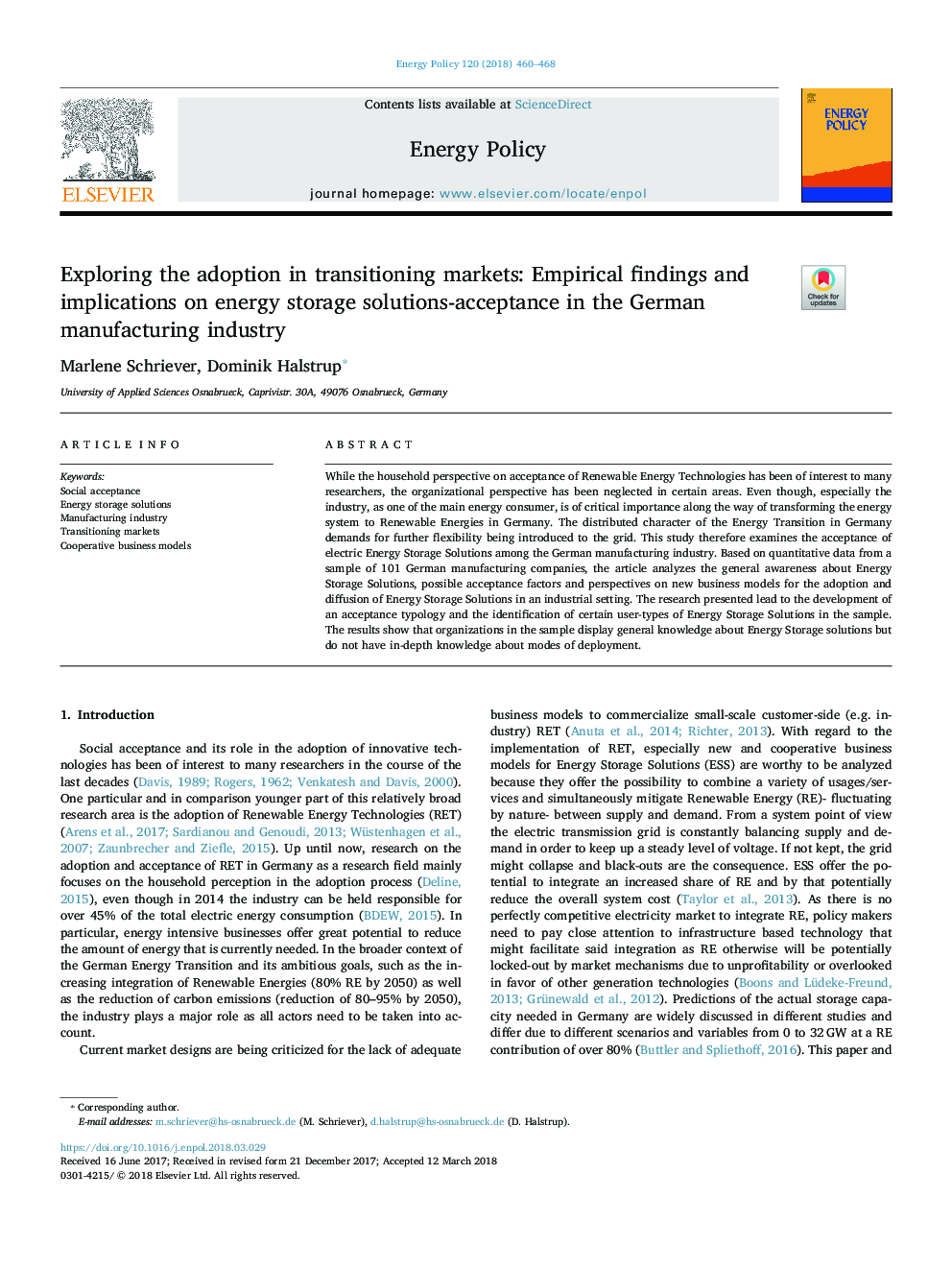 Exploring the adoption in transitioning markets: Empirical findings and implications on energy storage solutions-acceptance in the German manufacturing industry