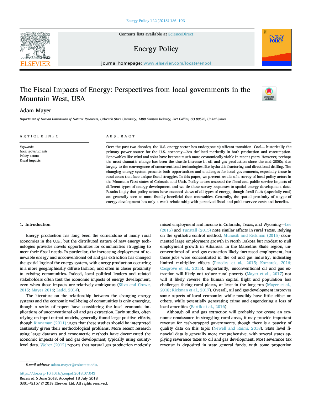 The Fiscal Impacts of Energy: Perspectives from local governments in the Mountain West, USA