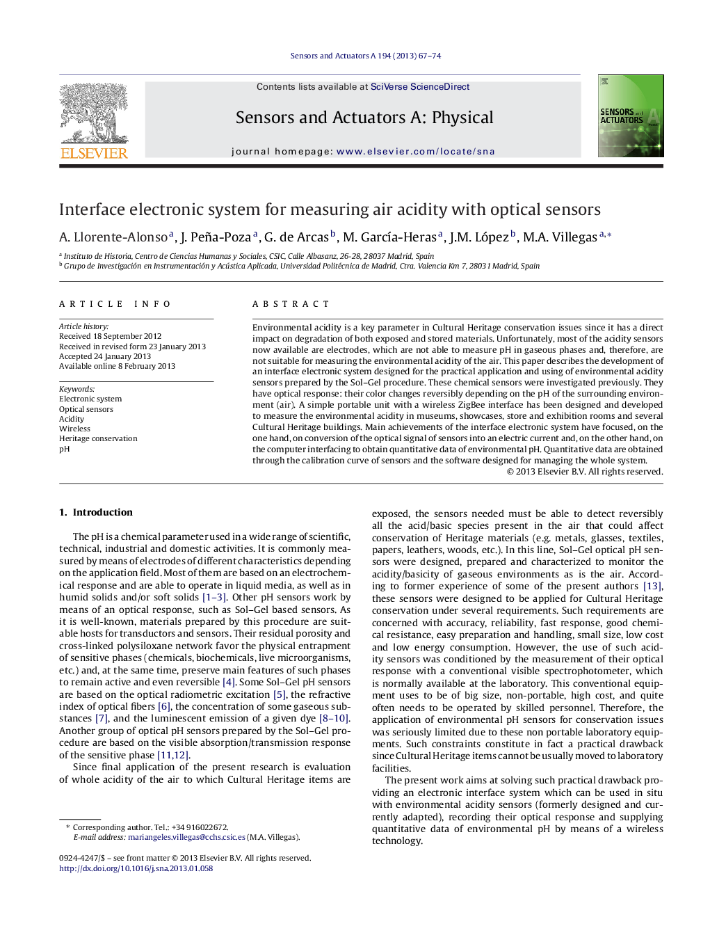 Interface electronic system for measuring air acidity with optical sensors