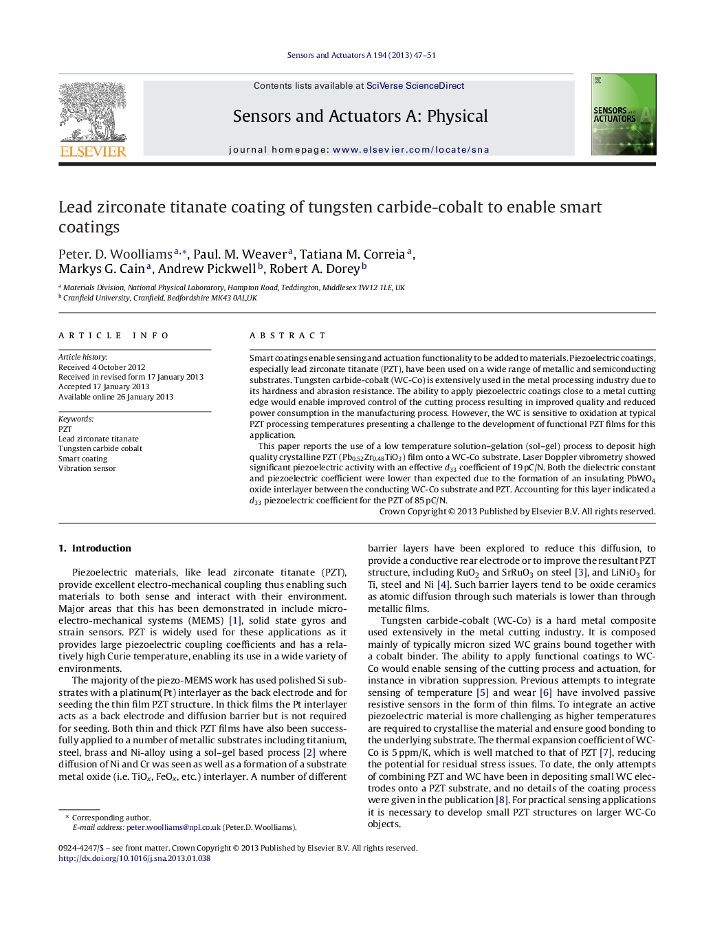 Lead zirconate titanate coating of tungsten carbide-cobalt to enable smart coatings