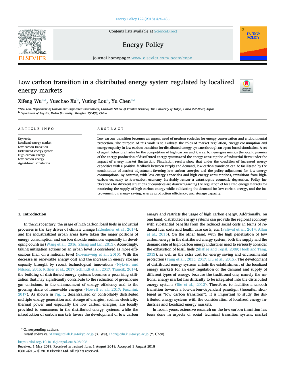 Low carbon transition in a distributed energy system regulated by localized energy markets