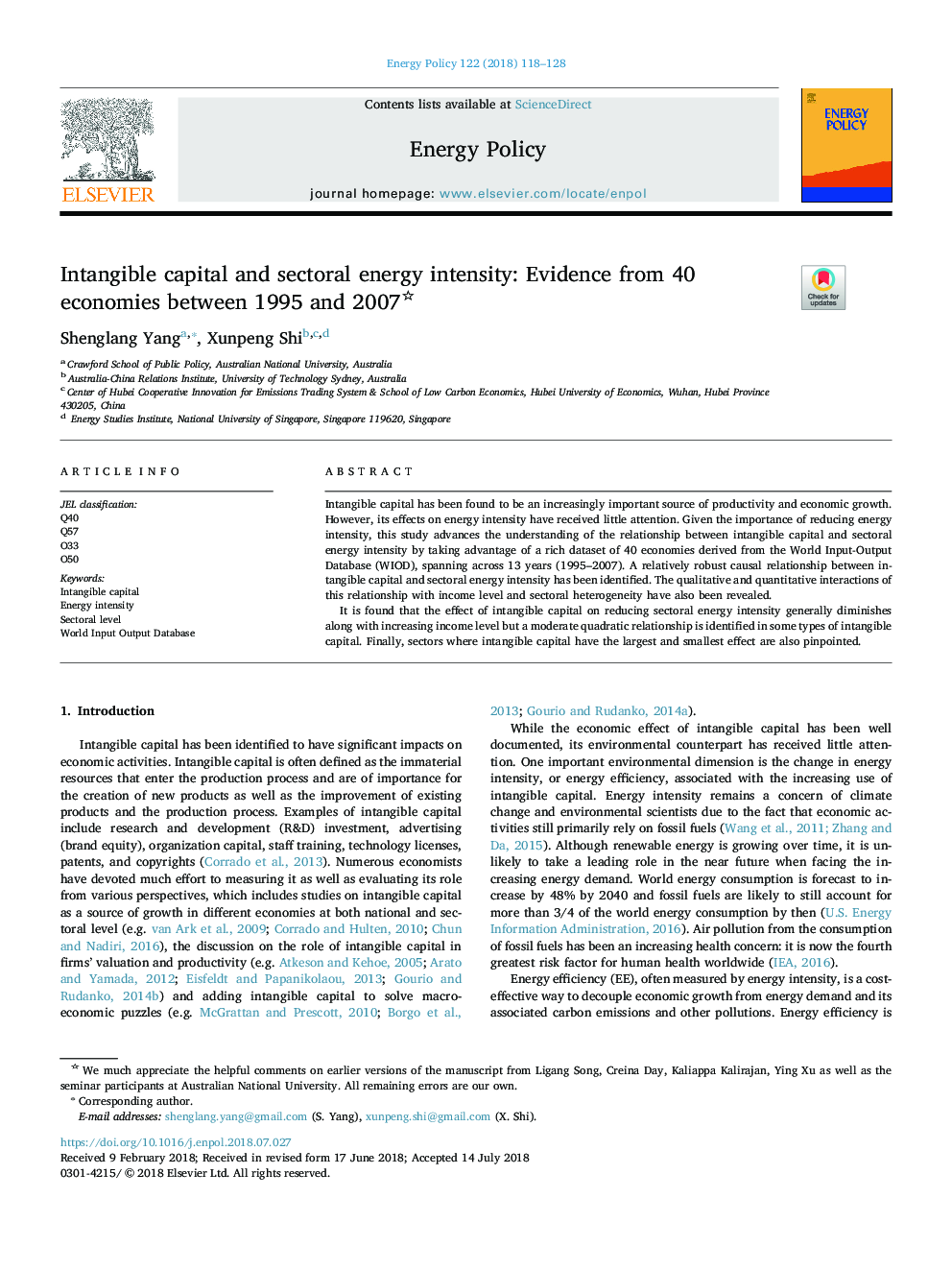 Intangible capital and sectoral energy intensity: Evidence from 40 economies betweenÂ 1995 and 2007