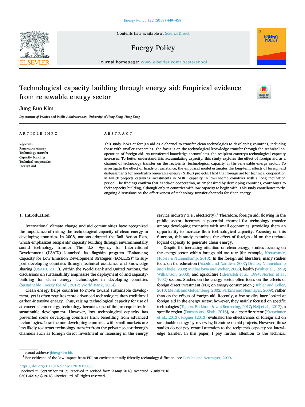 Technological capacity building through energy aid: Empirical evidence from renewable energy sector