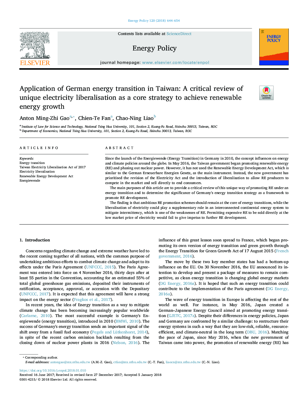 استفاده از انتقال انرژی آلمان در تایوان: بررسی بحرانی لیبرالیزاسیون برق منحصر به فرد به عنوان یک استراتژی اصلی برای دستیابی به رشد انرژی تجدیدپذیر 