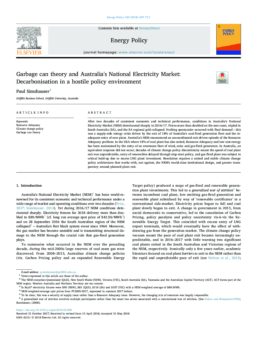 Garbage can theory and Australia's National Electricity Market: Decarbonisation in a hostile policy environment