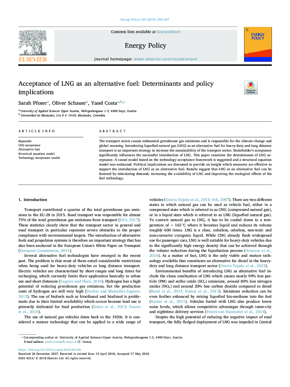 Acceptance of LNG as an alternative fuel: Determinants and policy implications