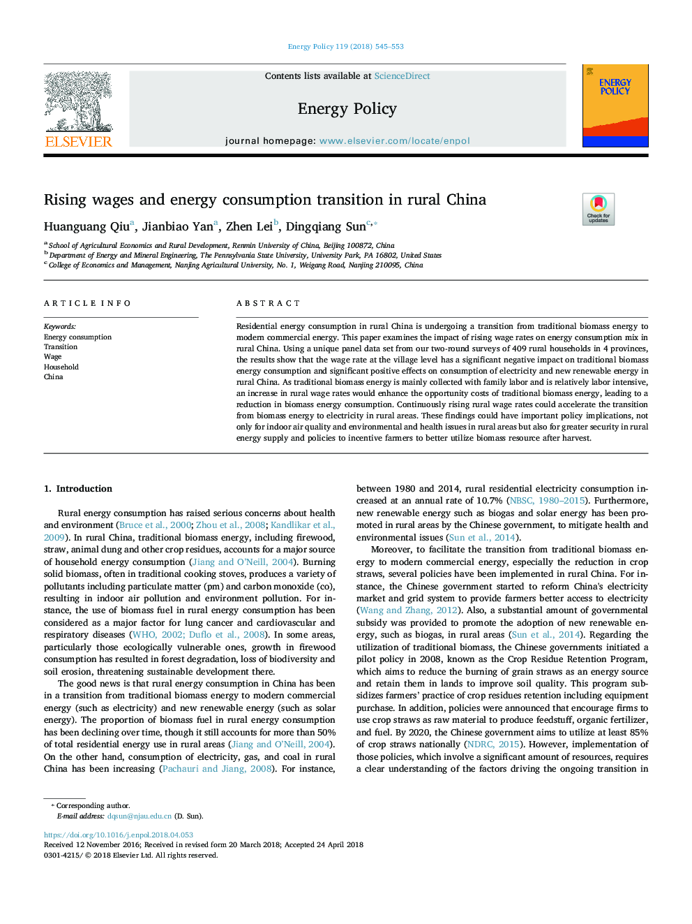 Rising wages and energy consumption transition in rural China