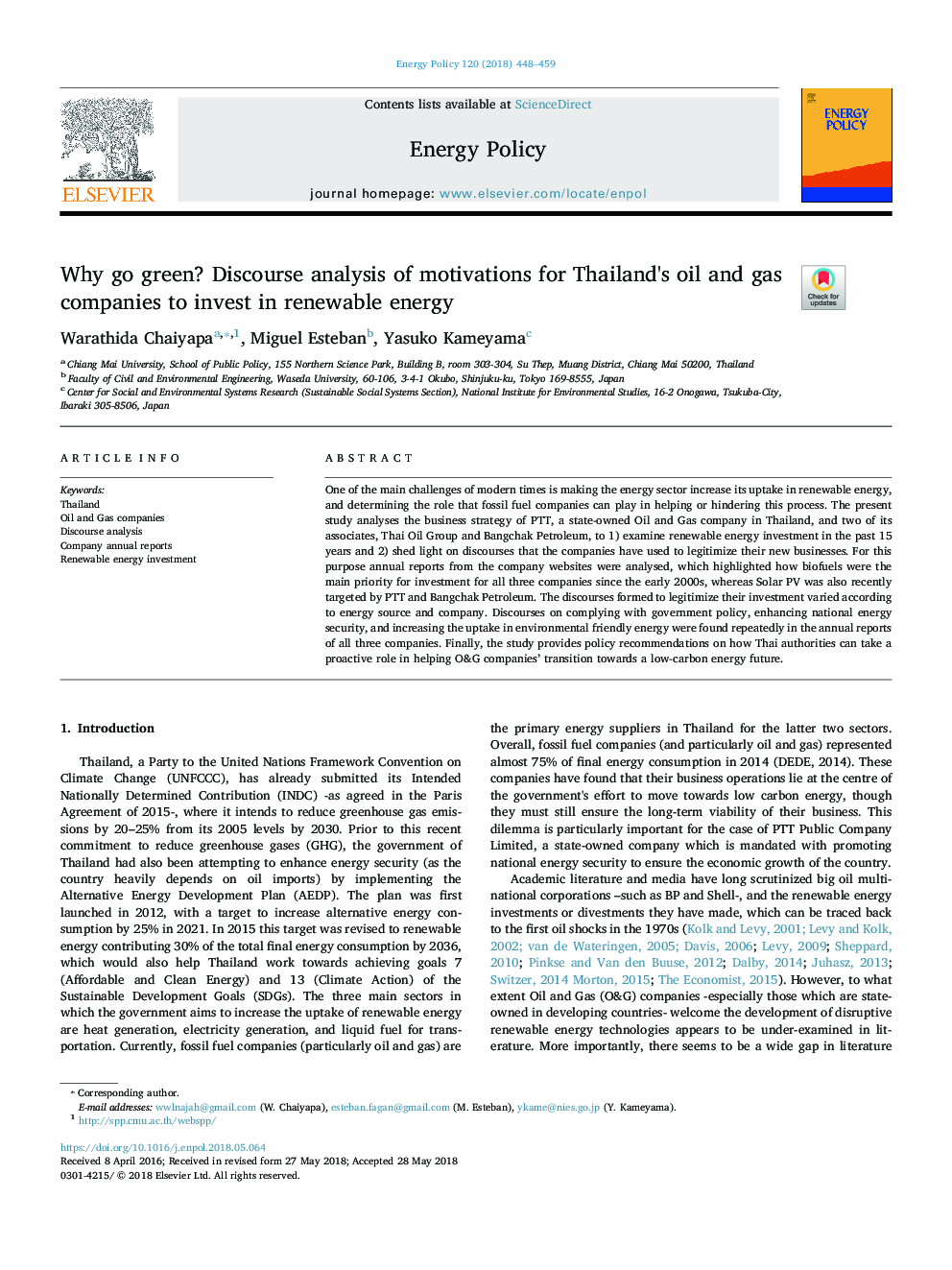 Why go green? Discourse analysis of motivations for Thailand's oil and gas companies to invest in renewable energy