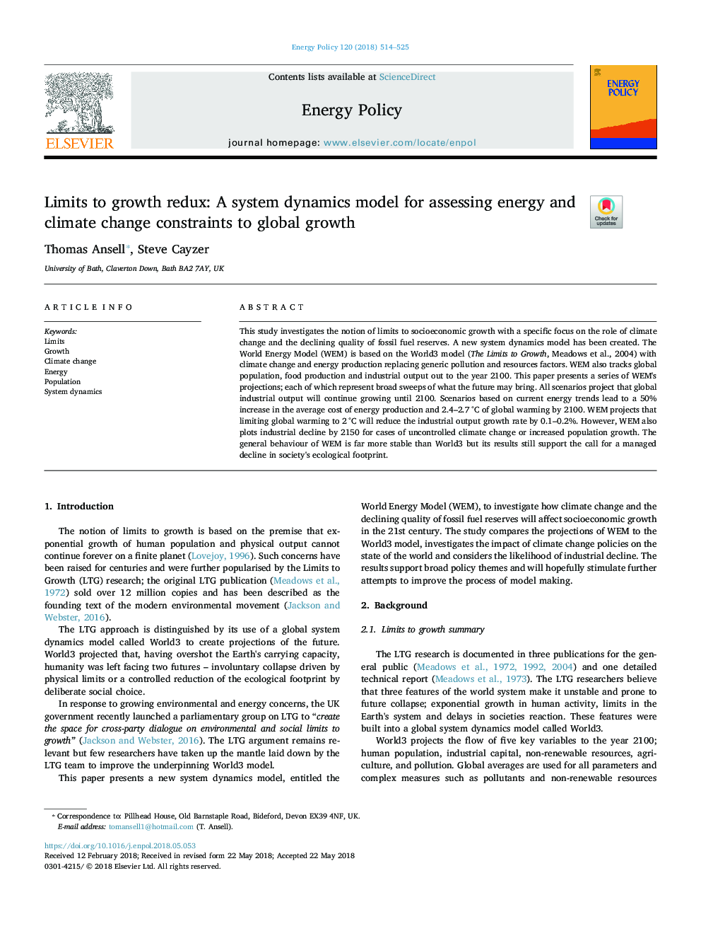 Limits to growth redux: A system dynamics model for assessing energy and climate change constraints to global growth
