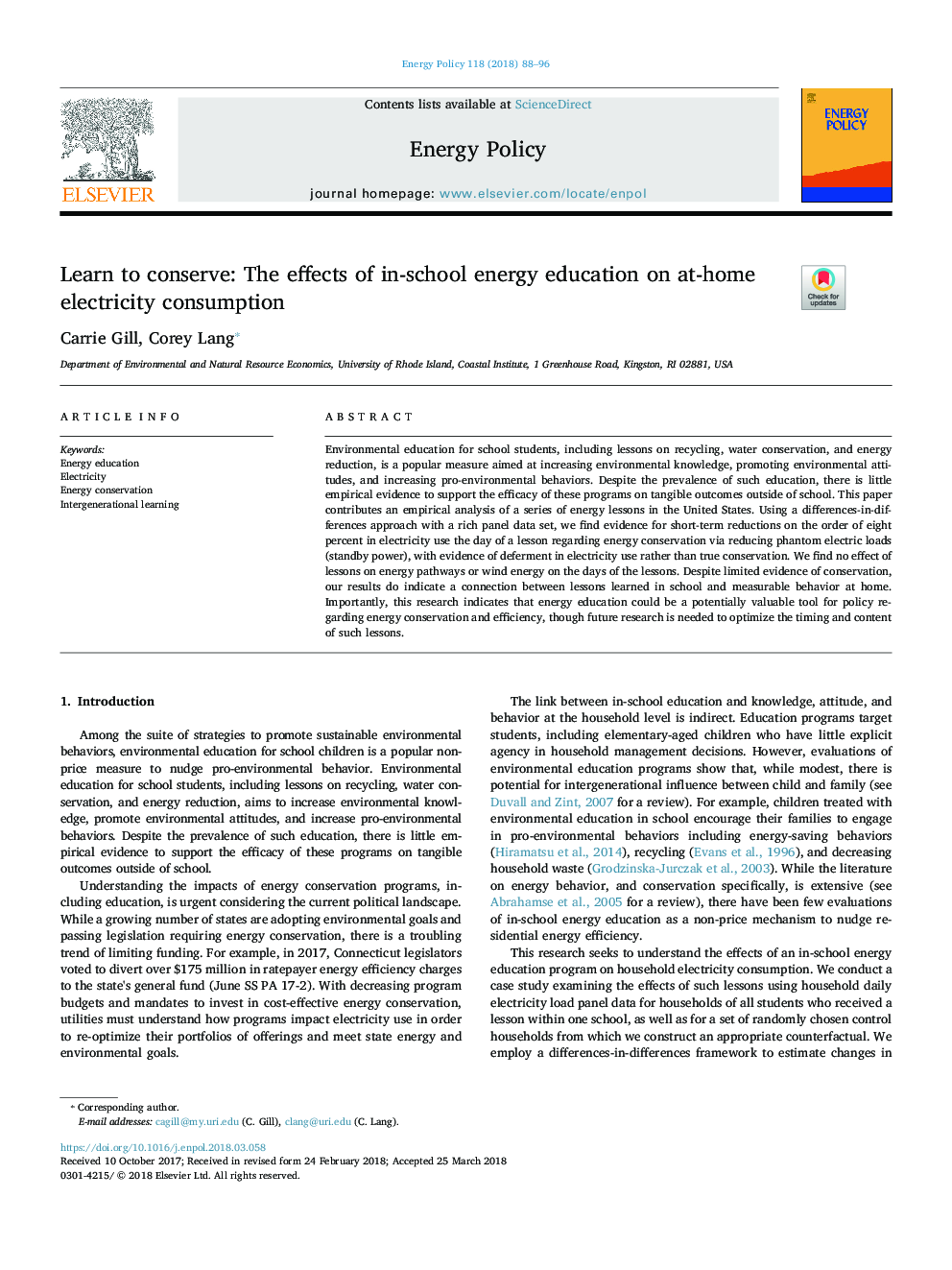 یادگیری برای حفظ: اثرات آموزش انرژی در مدرسه در مصرف برق خانگی 