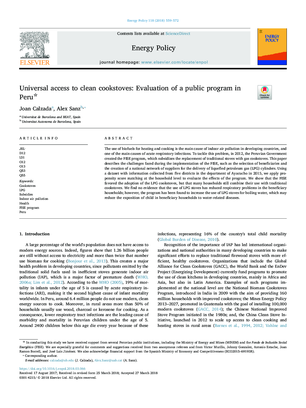 Universal access to clean cookstoves: Evaluation of a public program in Peru