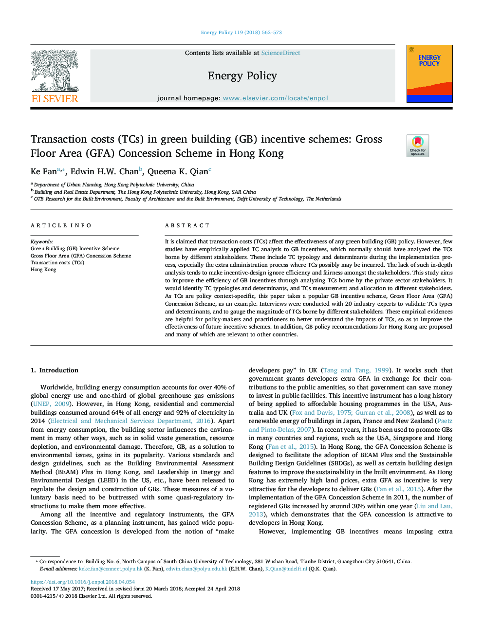 Transaction costs (TCs) in green building (GB) incentive schemes: Gross Floor Area (GFA) Concession Scheme in Hong Kong