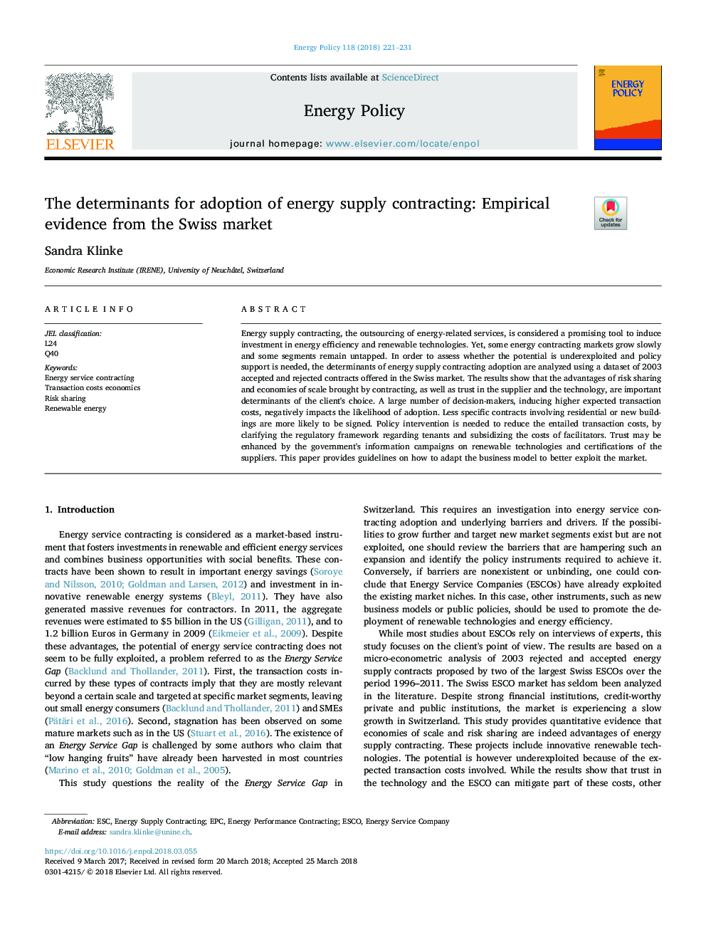 The determinants for adoption of energy supply contracting: Empirical evidence from the Swiss market