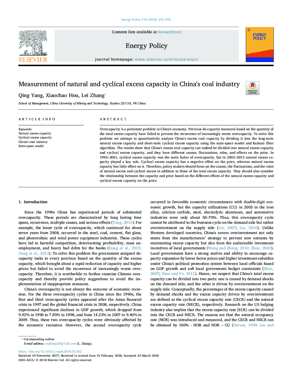 Measurement of natural and cyclical excess capacity in China's coal industry