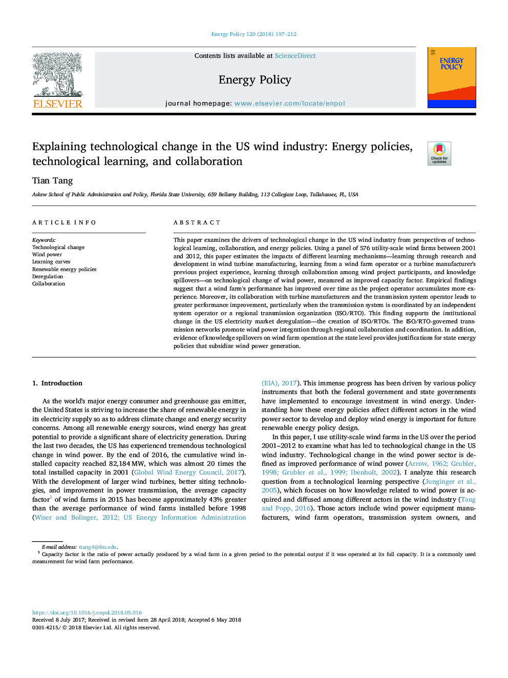 Explaining technological change in the US wind industry: Energy policies, technological learning, and collaboration