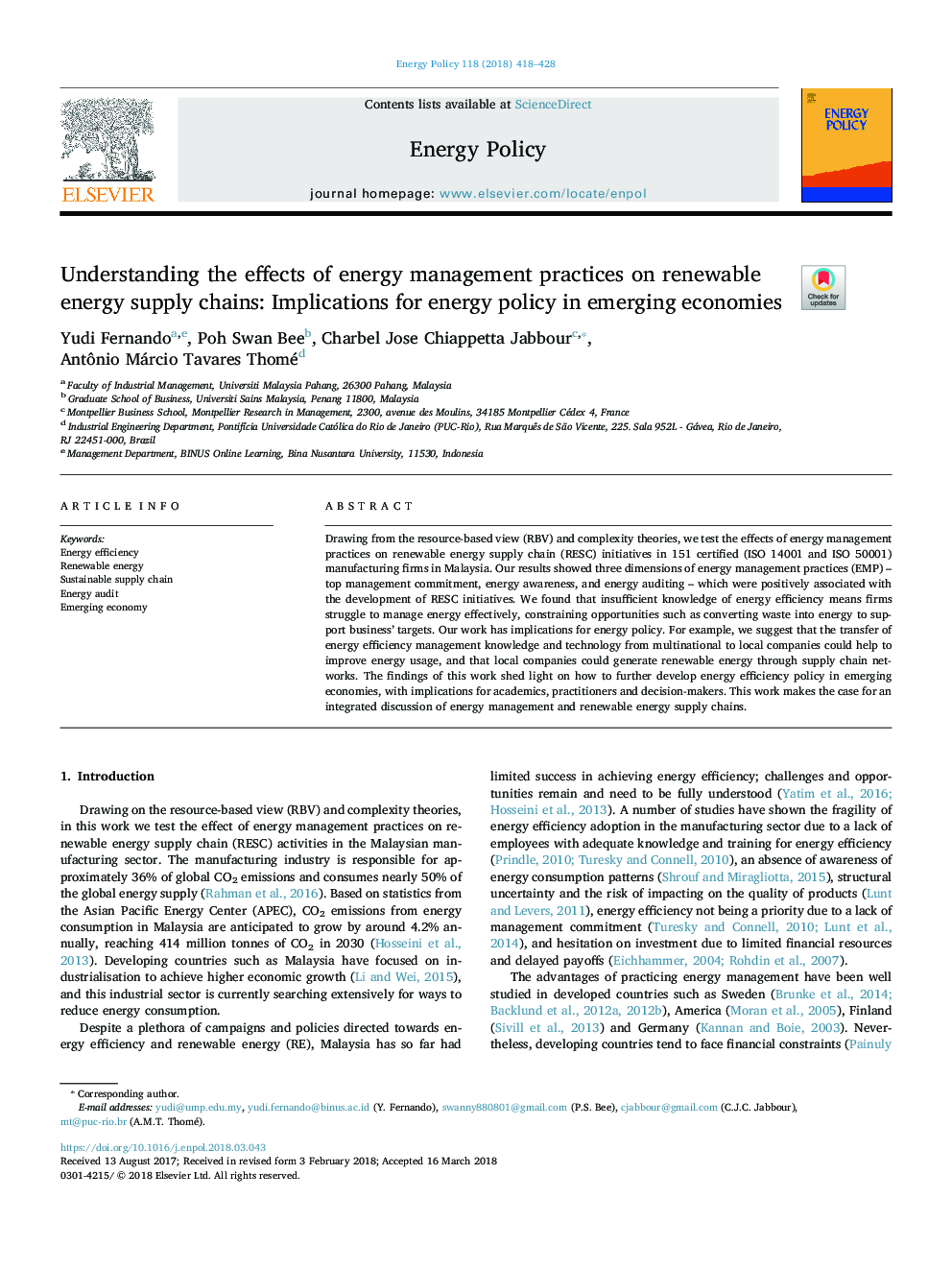 Understanding the effects of energy management practices on renewable energy supply chains: Implications for energy policy in emerging economies