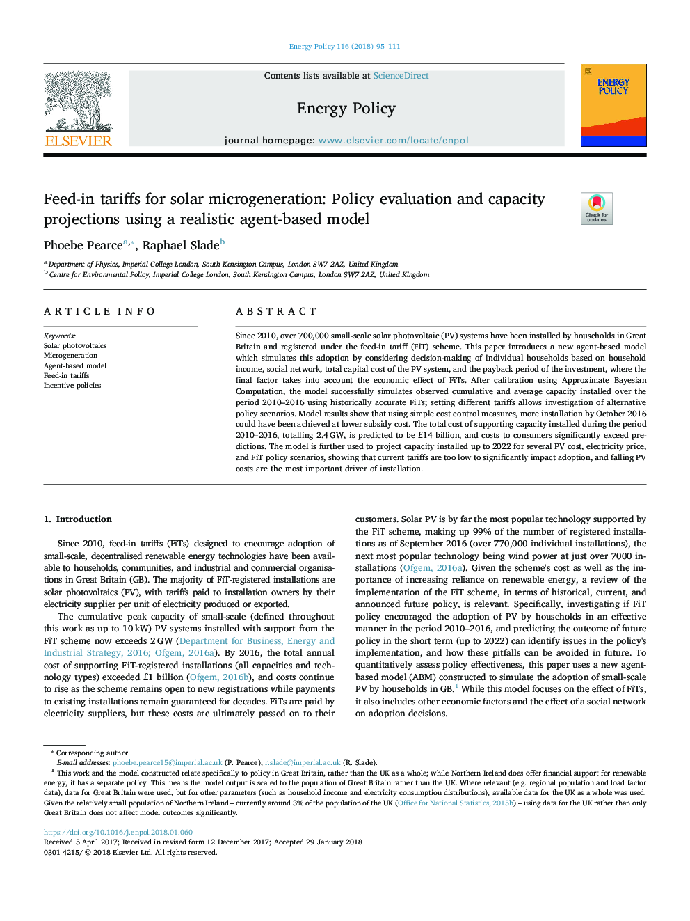 تعرفه های خوراک برای میکروژنراتوری خورشیدی: ارزیابی سیاست و پیش بینی ظرفیت با استفاده از یک مدل مبتنی بر عامل واقع گرایانه 