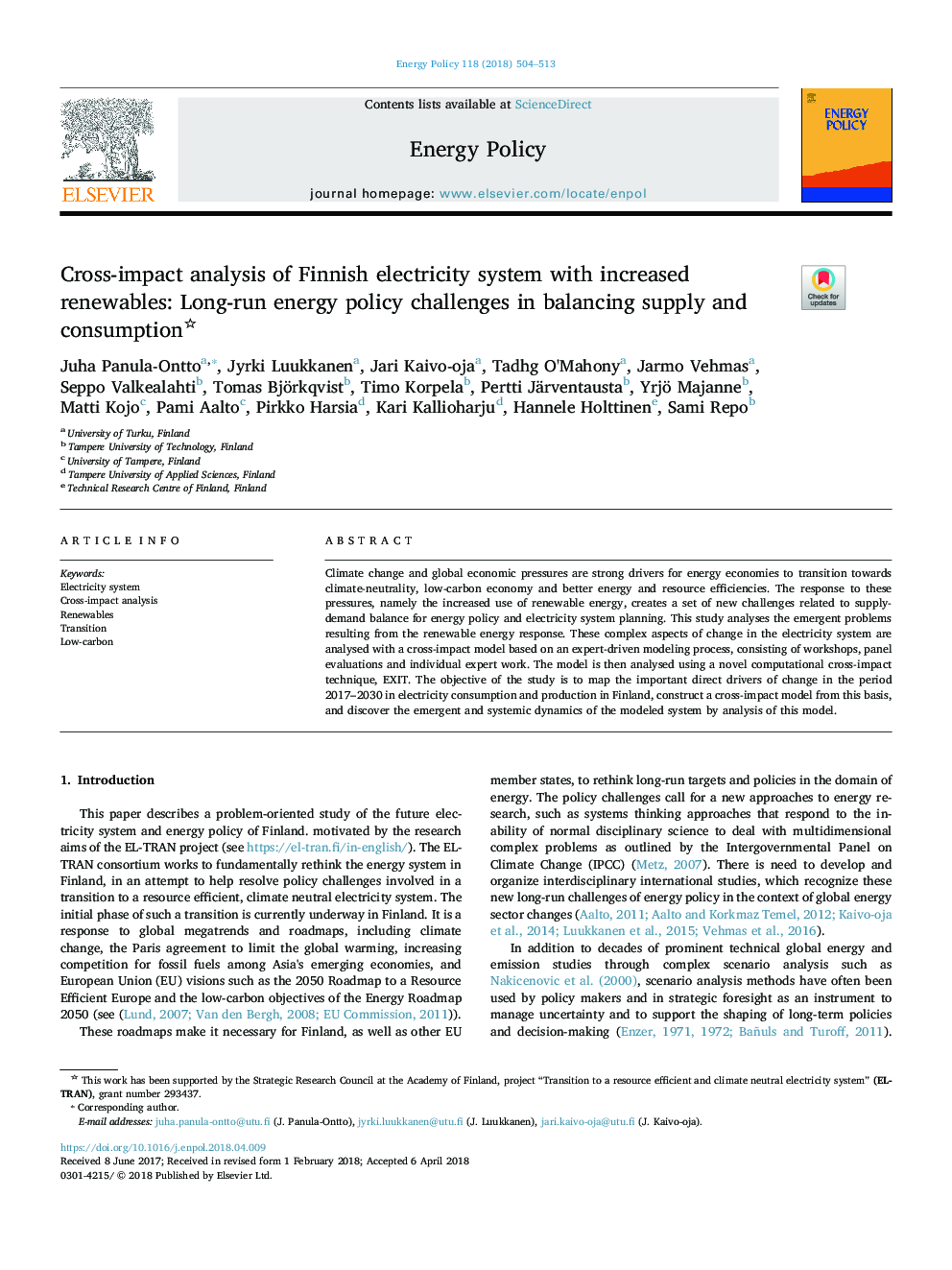 Cross-impact analysis of Finnish electricity system with increased renewables: Long-run energy policy challenges in balancing supply and consumption