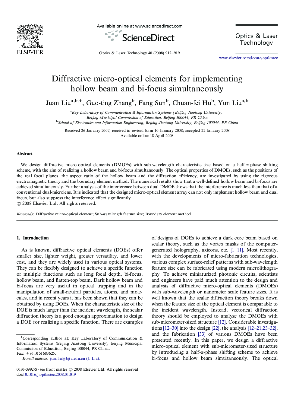 عکس صفحه اول مقاله: Diffractive micro-optical elements for implementing hollow beam and bi-focus simultaneously Diffractive micro-optical elements for implementing hollow beam and bi-focus simultaneously