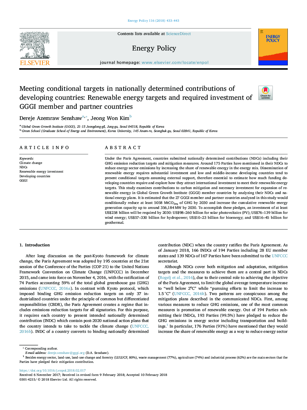 Meeting conditional targets in nationally determined contributions of developing countries: Renewable energy targets and required investment of GGGI member and partner countries