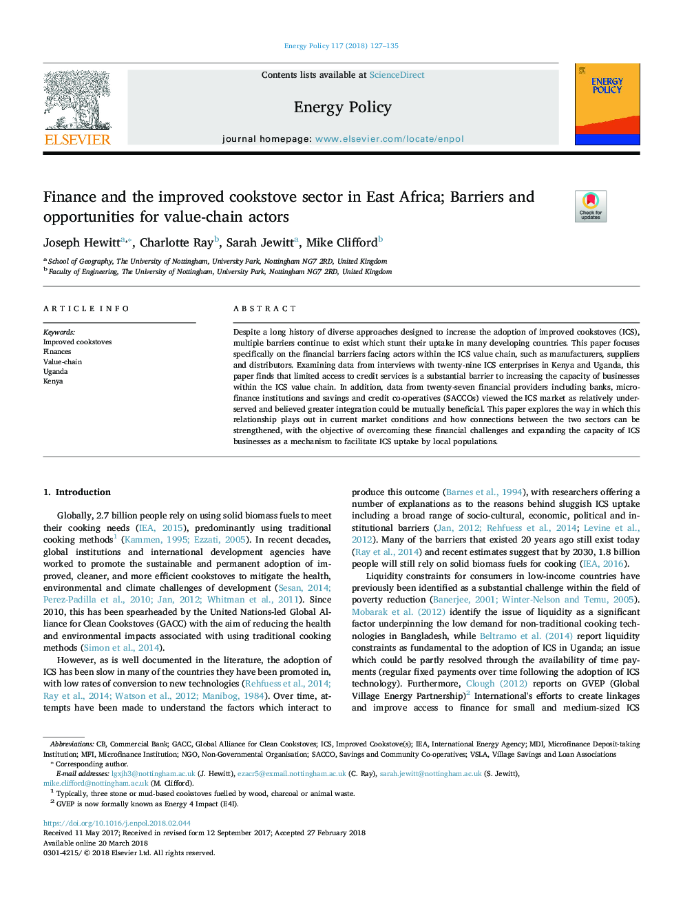 Finance and the improved cookstove sector in East Africa; Barriers and opportunities for value-chain actors