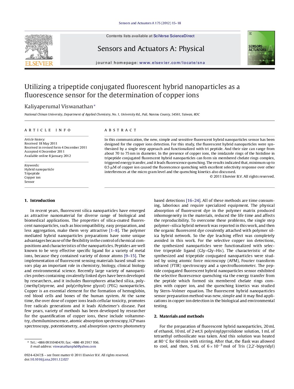عکس صفحه اول مقاله: Utilizing a tripeptide conjugated fluorescent hybrid nanoparticles as a fluorescence sensor for the determination of copper ions Utilizing a tripeptide conjugated fluorescent hybrid nanoparticles as a fluorescence sensor for the determination of copper ions