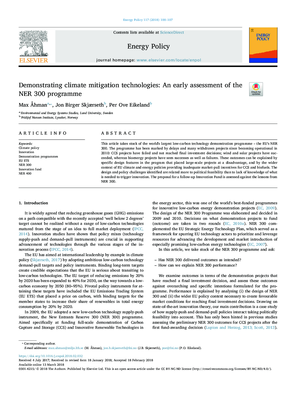 Demonstrating climate mitigation technologies: An early assessment of the NER 300 programme