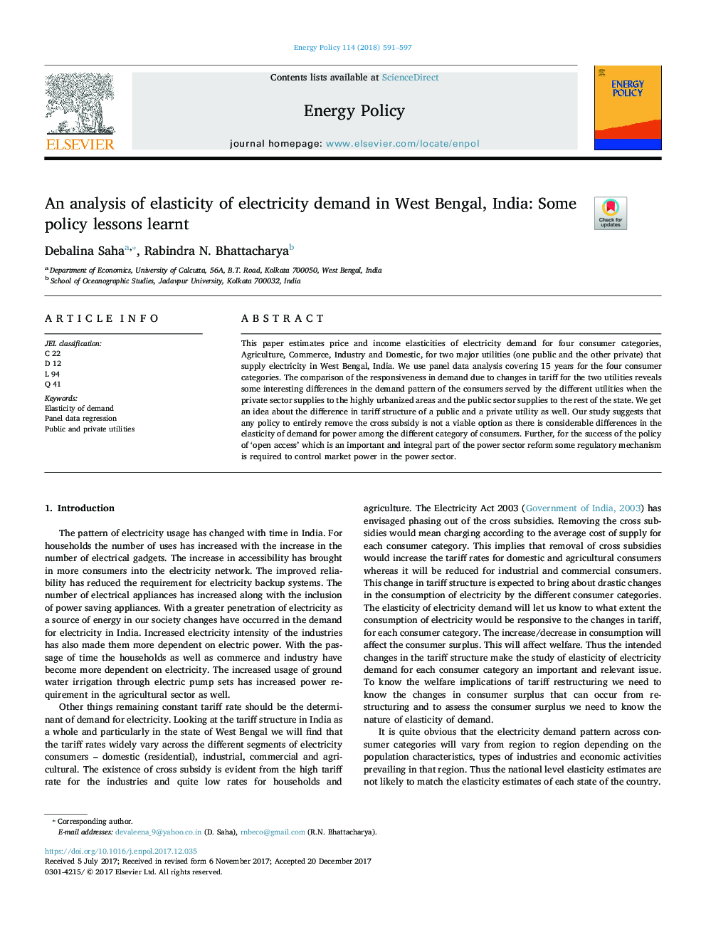 An analysis of elasticity of electricity demand in West Bengal, India: Some policy lessons learnt