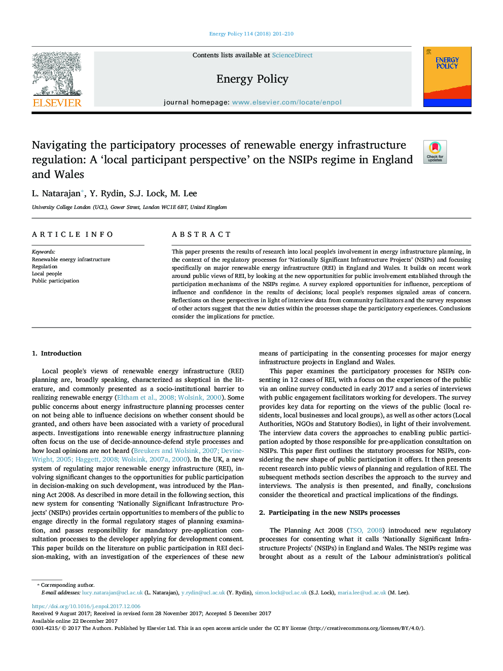 Navigating the participatory processes of renewable energy infrastructure regulation: A 'local participant perspective' on the NSIPs regime in England and Wales