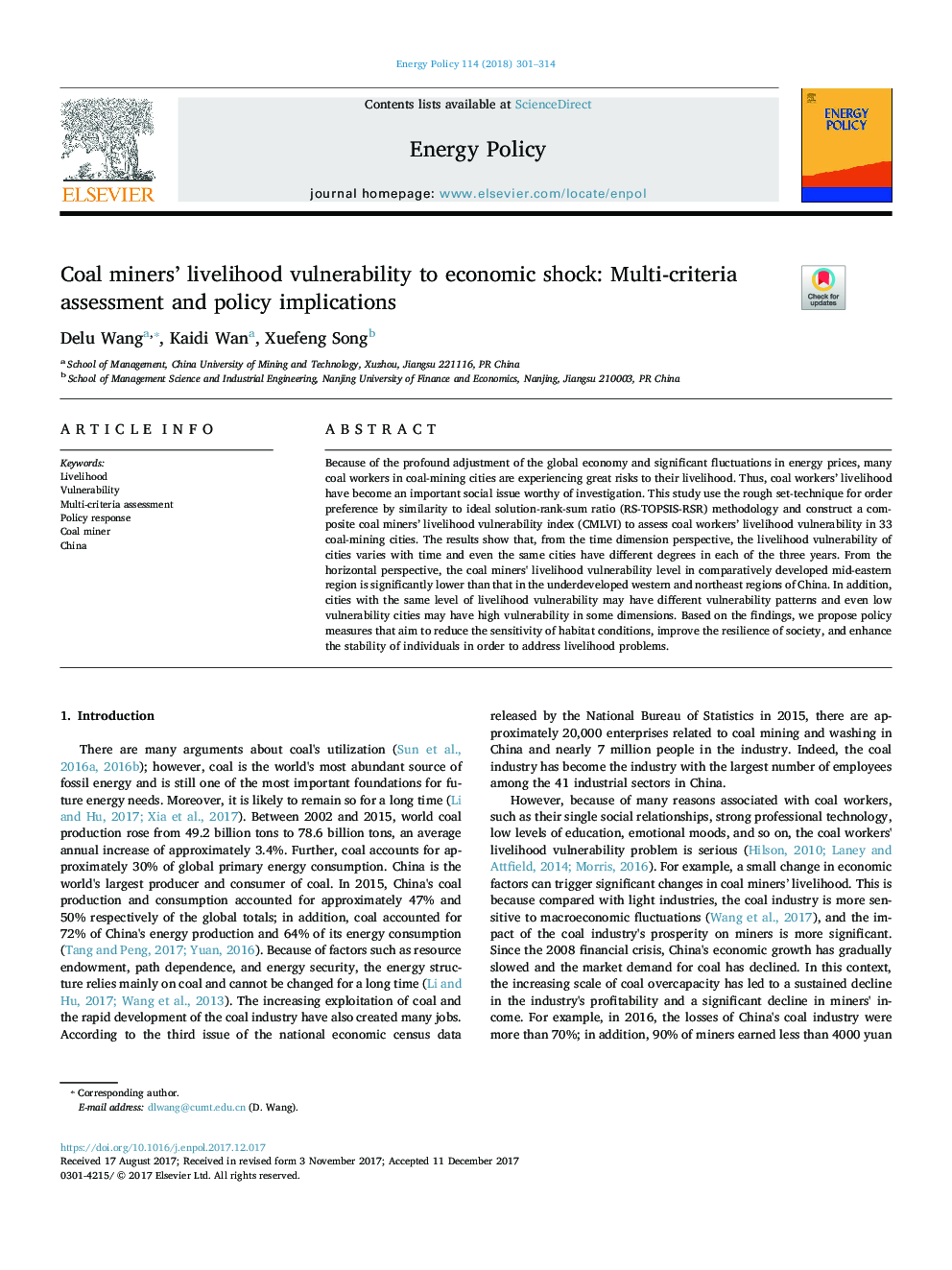 Coal miners' livelihood vulnerability to economic shock: Multi-criteria assessment and policy implications