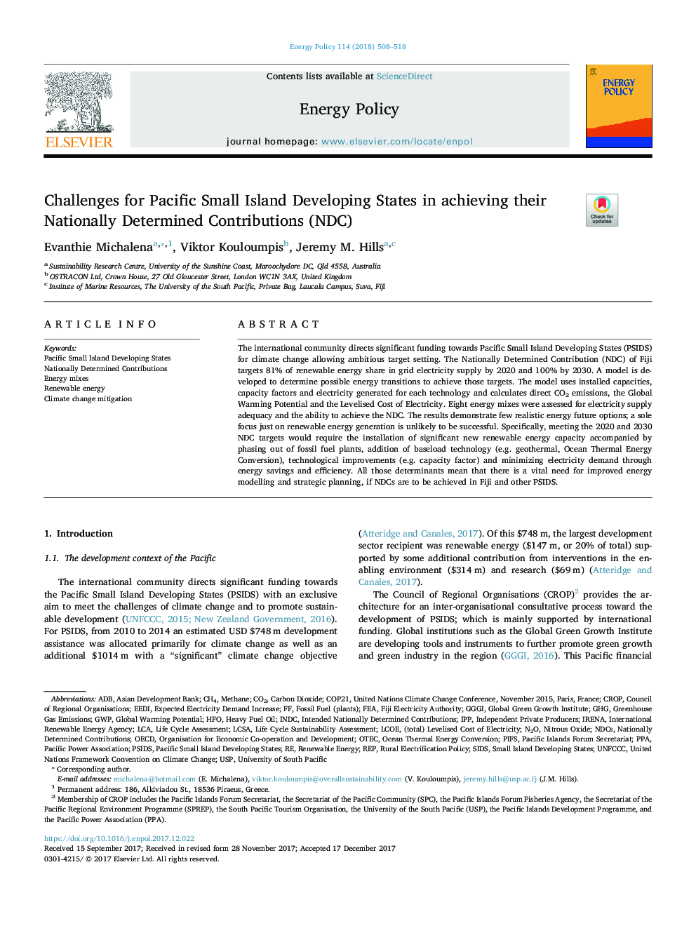 Challenges for Pacific Small Island Developing States in achieving their Nationally Determined Contributions (NDC)