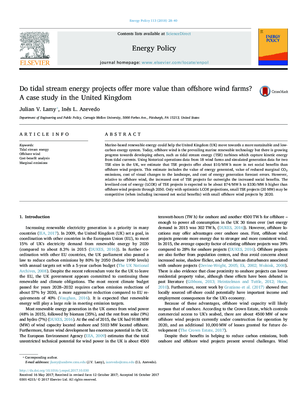 Do tidal stream energy projects offer more value than offshore wind farms? A case study in the United Kingdom